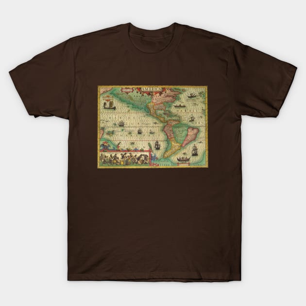 Antique Old World Map of the Americas by Jodocus Hondius T-Shirt by MasterpieceCafe